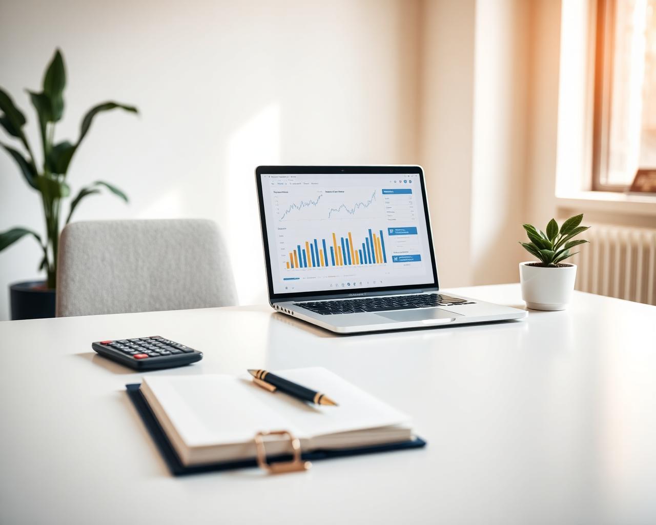A modern accounting office with a laptop, notebook and calculator on a clean desk